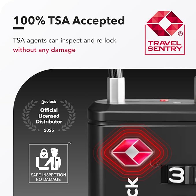 TSA Approved Luggage Lock | Inspection Indicator, 4-Digit Combination, Durable Zinc Alloy | for Suitcases, Backpacks, Travel Bags | Black, 1-Pack