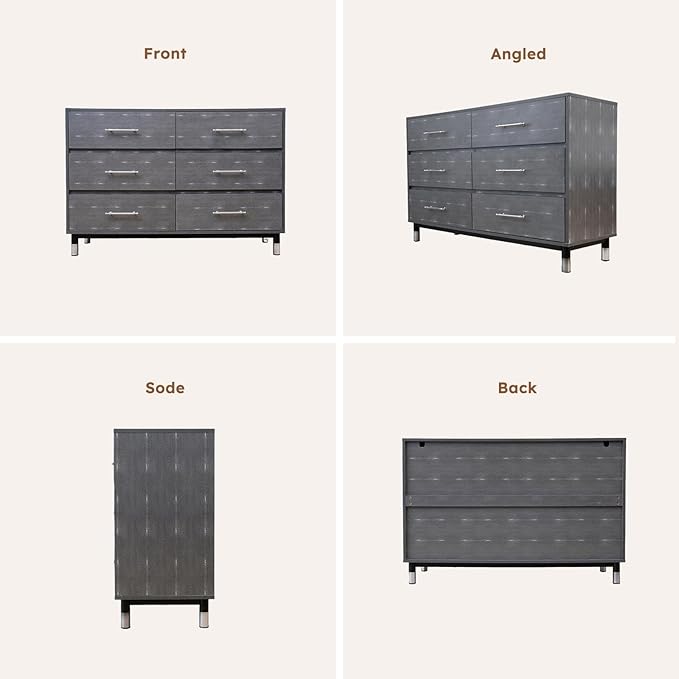 Grey Dresser for Bedroom, 6 Drawer Wood Dresser with Modern Storage Organizer, Wide Chest of Drawers for Clothes, Closet, Living Room