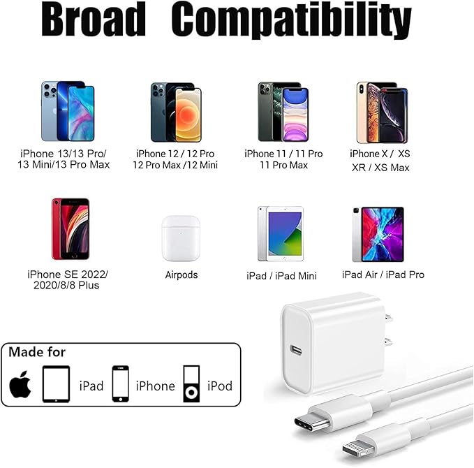 iPhone 14 Charger,Fast Charger iPhone [MFi Certified]Type C Charger USB C to Lightning Cable 20W Fast Charging Adapter Block for iPhone 14/14 Pro/13Pro Max/iPhone 12 Mini/12 Pro Max/11/XS/XR/X/SE/iPad