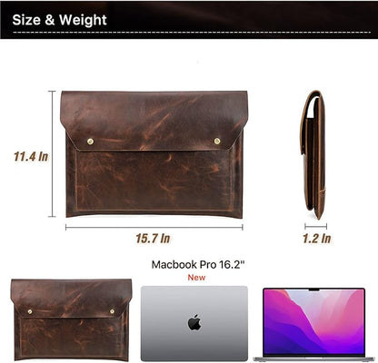 Top Grain Leather 16.2" Laptop Bag, Magnetic Snap Button Design & 3 Pockets, Compatible with MacBook Pro 16.2" A2485 M1 Max 15" Touch Bar A2141 A1707 Pro 16" Touch ID A1990, Coffee 16.2 Inch