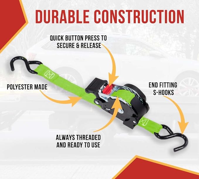 Mytee Products 8 Pack Retractable Ratchet Tie Down Straps w/S Hook - 1,500lb Break Strength Self Retracting Ratchet Straps for Haul Motorcycles, ATVs, Bikes, Trailer Tie-Down