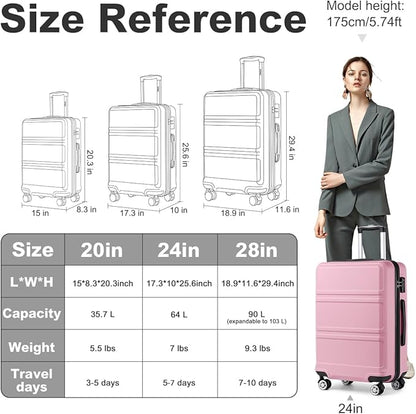 Kono 24 Inch Luggage Suitcase with Spinner Wheels TSA Lock Lightweight PC+ABS Hardside Medium Checked Luggage Durable Rolling Suitcase Pink