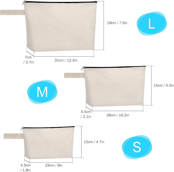 10 Pieces Cotton Canvas Makeup Bag with Bottom, Multi-Purpose Cosmetic Bag with Zipper Travel Toiletry Pouch, Blank DIY Craft Bag Pencil Bag (M, White), MN-WB07