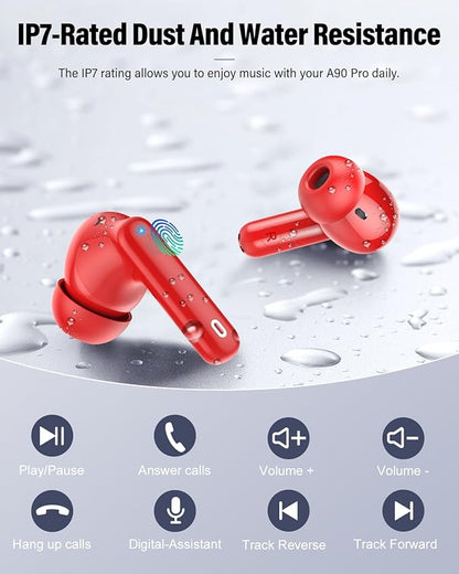 Wireless Earbuds, Bluetooth 5.4 Headphones Bass Stereo, Ear Buds with Noise Cancelling Mic, LED Display in Ear Earphones Clear Calls, IP7 Waterproof Bluetooth Earbuds for Laptop/Phones/Sports, Red