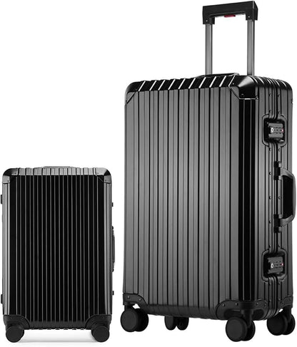 Oblique Angle Metal All Aluminum Magnesium Alloy Material Carry-on Luggage TSA Customs Lock Zipperless Silent Rotary Wheel Business Suitcase Set (black, 2Piece(20''/28''))