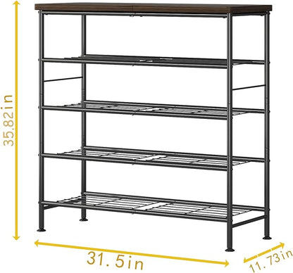 SUOERNUO Shoe Rack Organizer 5 Tier for Closet Entryway Free Standing Metal Storage Shoe Shelf with MDF Top Board，Black+Rustic Brown