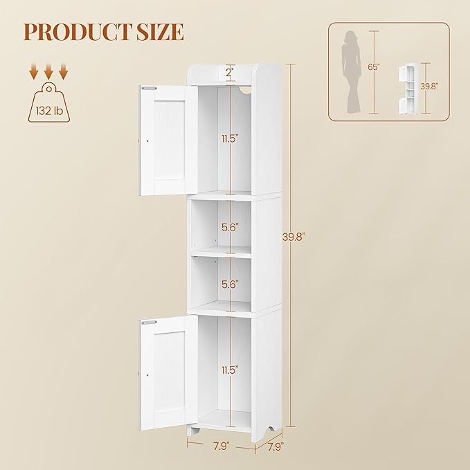 Slim Bathroom Storage Cabinet, Narrow Storage Cabinet with 2 Doors, Open Space，Adjustable Shelf, Freestanding Bathroom Organizer for Laundry Room, Kitchen, Living Room, White 022413X