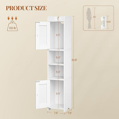 Slim Bathroom Storage Cabinet, Narrow Storage Cabinet with 2 Doors, Open Space，Adjustable Shelf, Freestanding Bathroom Organizer for Laundry Room, Kitchen, Living Room, White 022413X