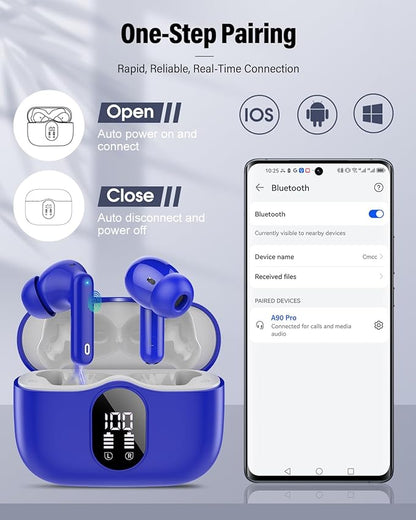 Wireless Earbuds, Bluetooth 5.4 Headphones Bass Stereo, Ear Buds with Noise Cancelling Mic, LED Display in Ear Earphones Clear Calls, IP7 Waterproof Bluetooth Earbuds for Laptop/Phones/Sports, Blue