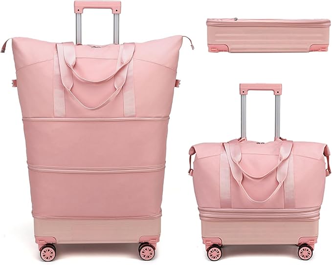 DOJUNS Rolling Duffle Bag with Detachable Wheels, 2025 Upgrade Expandable Foldable Suitcase for Travel, Collapsible Luggage Carry on Duffel Overnight Weekend Bag (Pink)