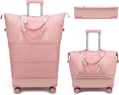 DOJUNS Rolling Duffle Bag with Detachable Wheels, 2025 Upgrade Expandable Foldable Suitcase for Travel, Collapsible Luggage Carry on Duffel Overnight Weekend Bag (Pink)
