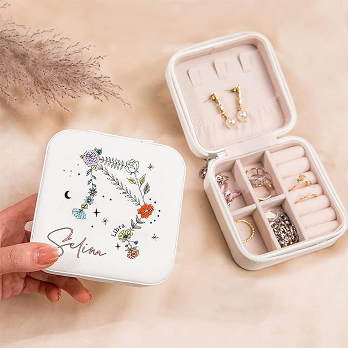 NICEDREAM Personalized Floral Constellation Jewelry Box Custom Name 12 Constellations Travel Jewelry Case Organizer Box for Earrings Rings Necklaces Gift for Women Girls
