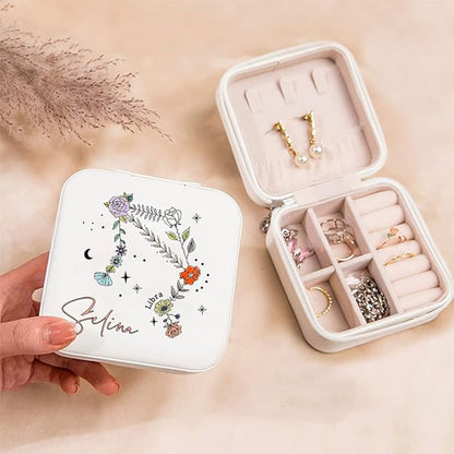 NICEDREAM Personalized Floral Constellation Jewelry Box Custom Name 12 Constellations Travel Jewelry Case Organizer Box for Earrings Rings Necklaces Gift for Women Girls