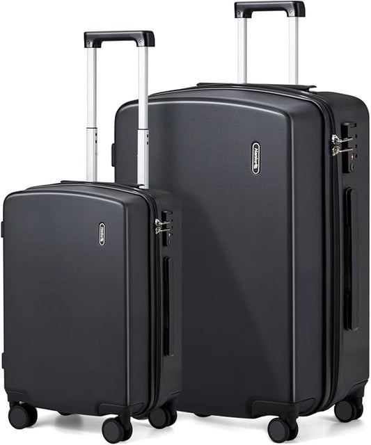 Hanke Hard Shell Luggage Sets 2 Pieces, Carry On and Checked Luggage Sets with Spinner Wheels, Durable PC Hardside Rolling Suitcase for Travel (20/28 Inch, Jet Black)