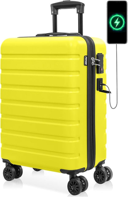 AnyZip Carry On Luggage 21" Hardside PC ABS Lightweight USB Suitcase with Wheels TSA Lock for kids Yellow
