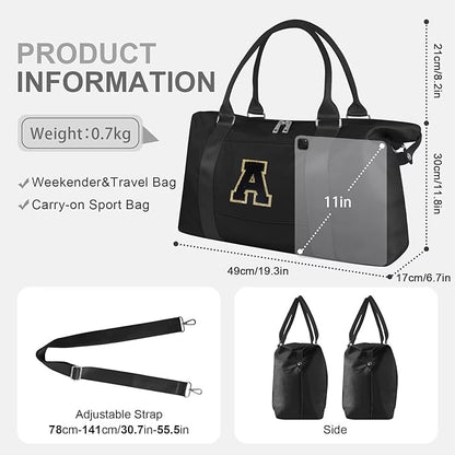 Dance Gym Duffel Bag for Teen Girls, Personalized Initial Travel Weekender Bag,Cute Overnight Carry On Duffle for Women,Sports Travel Cheer Bag,Monogram Christmas Gifts for Tween Preppy(black-A)