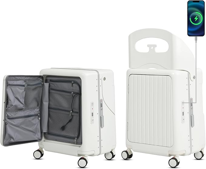 smilesun 22" Carry On Luggage with Seat For Kids & Adults，Hardside Ride On Suitcase Front Opening with 360°Spinner and TSA Lock For Travel (White with Front Open, 22")