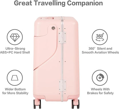 smilesun 20" Carry On Luggage with Seat For Kids & Adults，Hardside Ride On Suitcase with 360°Spinner and TSA Lock For Travel(Light Pink, 20-in)