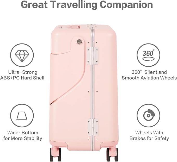 smilesun 20" Carry On Luggage with Seat For Kids & Adults，Hardside Ride On Suitcase Front Opening with 360°Spinner and TSA Lock For Travel (Pink with Front Open, 20")