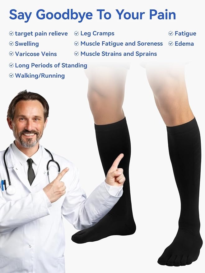 Compression Toe Socks for Men and Women 15-20mmHg, 3 Pairs, Knee High Five Finger Stockings
