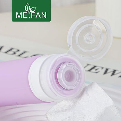ME.FAN Travel Bottles for Toiletries, TSA Approved 3oz Travel Size Containers, Silicone Squeezable Portable Split Bottle, Travel Accessories for Conditioner, Shampoo, Lotion- 4 Pack Black/White