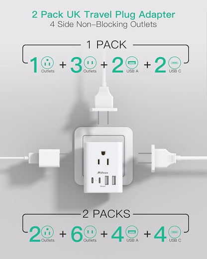 2 Pack US to UK Ireland Travel Plug Adapter, Type G Plug Adapter with 4 Outlets 4 USB Ports (2 USB C), UK Power Adapter for USA to London England Scotland British Kenya Qatar Hongkong
