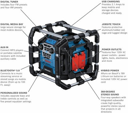 BOSCH GPB18V-5CN 18V Jobsite Radio with Bluetooth® 5.0 and Power Station