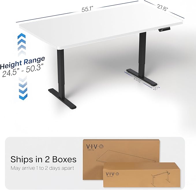 VIVO Electric 55 x 28 in Dual Motor Sit Stand Desk, Memory Height Adjustment, 2B Series, White Top Black Frame, DESK-KIT-2B55W
