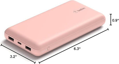 Belkin Portable Charger, USB C Power Bank 20000 mAh w/ 1xUSB-C Port & 2xUSB-A Ports, 15W w/ Type-A to Type-C Cable - iPhone 17, Air, Pro, Pro Max, Samsung Galaxy S25, Google Pixel 10, etc. - Rose Gold