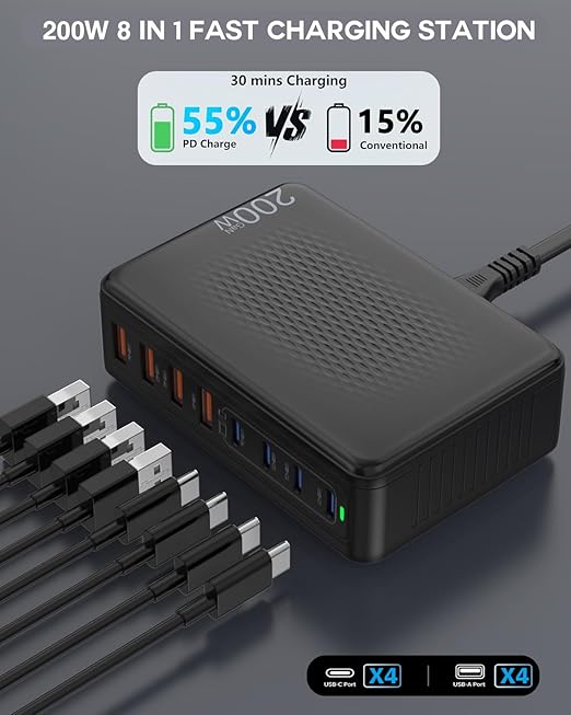 USB C Charger Block, 200W 8 Port USB C Charging Station, GaN Type C & A Charger Fast Charging Desktop Hub PD Block Laptop Adapter for Apple iPhone Air 17 16 15,iPad Pro/Air/Mini,MacBook Pro/Air,Galaxy