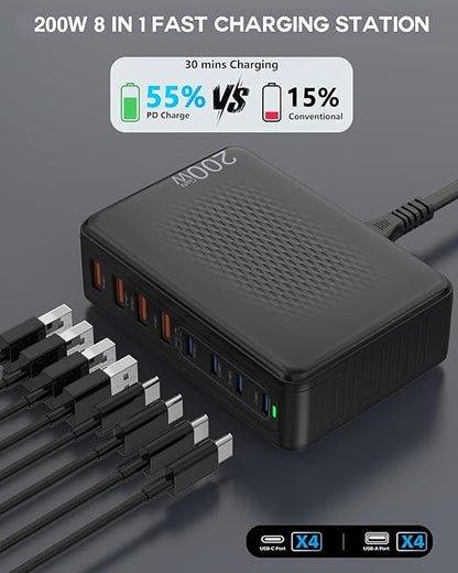 USB C Charger Block, 200W 8 Port USB C Charging Station, GaN Type C & A Charger Fast Charging Desktop Hub PD Block Laptop Adapter for Apple iPhone Air 17 16 15,iPad Pro/Air/Mini,MacBook Pro/Air,Galaxy