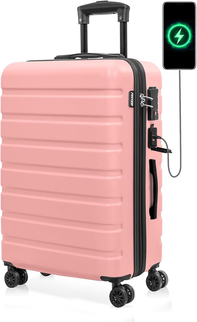 AnyZip Suitcase Hardside PC ABS Lightweight USB Luggage with Wheels TSA Lock Checked-Medium 24 Inch Pink
