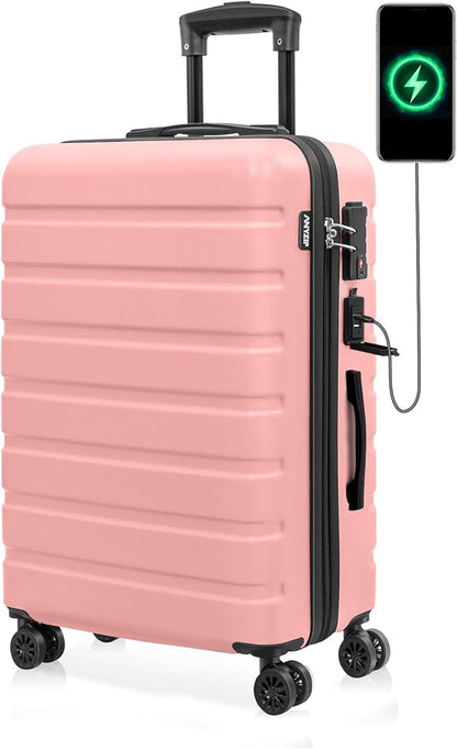 AnyZip Suitcase Hardside PC ABS Lightweight USB Luggage with Wheels TSA Lock Checked-Medium 24 Inch Pink