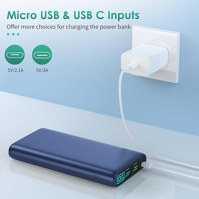 Portable Charger 38800mAh,LCD Display Power Bank,5 USB Outputs Battery Pack Backup, USB-C 3A in&out Travel Essential Portable Phone Charger For iPhone 17/16/15/14/13 Pro/12,Android Samsung Galaxy-Blue