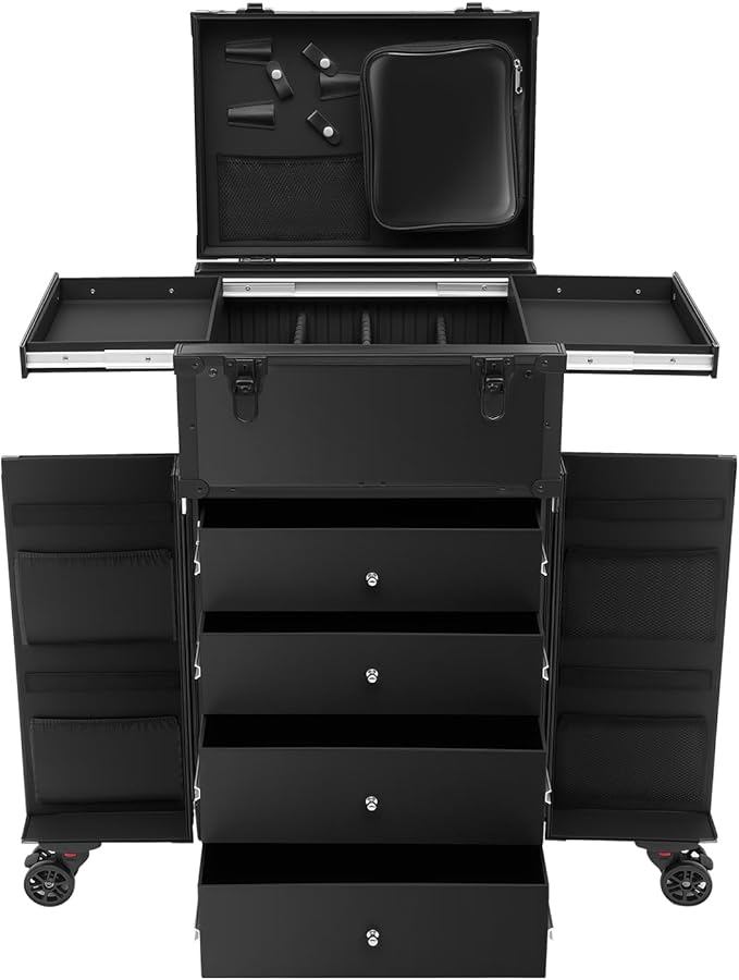 Professional Rolling Makeup Case 4 Drawers Pro Makeup Artist Cosmetic Train Case Hairstylist Travel Case Portable Make Up Station with Multiple Compartments & 6 Swivel Wheels - Black