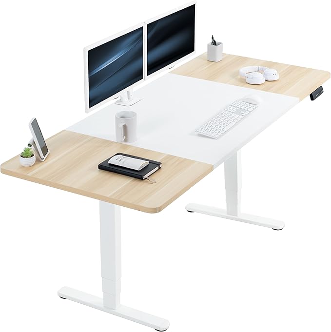 VIVO Electric 71 x 30 in Dual Motor Sit Stand Desk, Memory Height Adjustment, 2B Series, White and Light Wood Top, White Frame, DESK-KIT-2W7WC