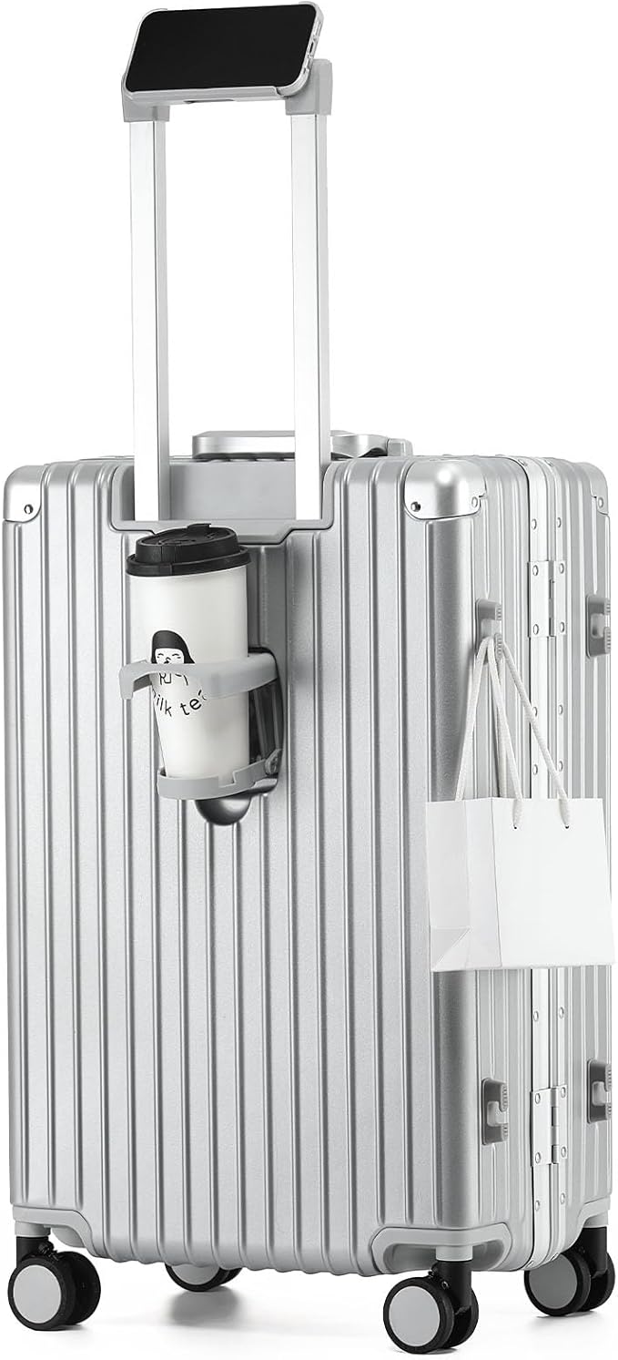 24 Inch Aluminum Frame Checked Travel Luggage with Spinner Wheels,Zipperless Hard Shell Suitcases with TSA Approved USB Port,Cup & Phone Holder for Women Men,Silver