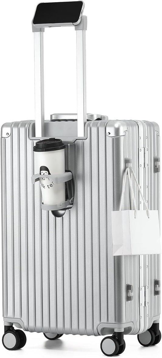 24 Inch Aluminum Frame Checked Travel Luggage with Spinner Wheels,Zipperless Hard Shell Suitcases with TSA Approved USB Port,Cup & Phone Holder for Women Men,Silver