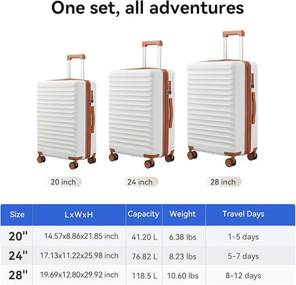 Travel Suitcase Sets 3 Piece, Expandable Hardshell Luggage Sets 3pcs with TSA Lock Spinner Wheels, White-Brown (20''/24''/28")