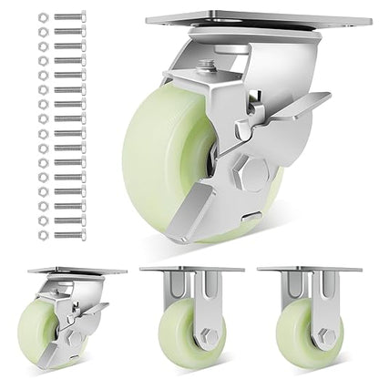 W B D WEIBIDA Heavy Duty Caster Wheels 4 Inch - 2500 LBS, PP Plate Castor Set of 4 with Double Ball Bearings, Non-Marking Industrial Swivel Casters for Hand Trucks, Carts, Industrial (2 Brake 2 Rigid)