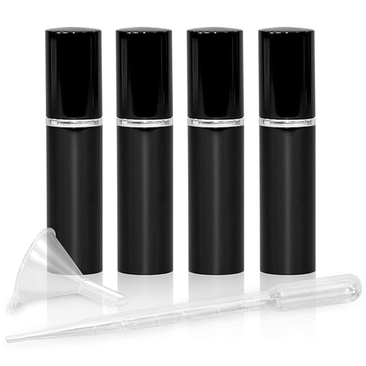 L'AUTRE PEAU Refillable Perfume & Cologne Fine Mist Atomizers with Metallic Exterior & Glass Interior - Portable Travel Size - 3ml Squeeze Transfer Pipette Included - 4 Pc Pack of 5ml (Black)