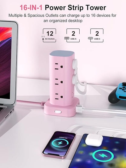 Power Strip Tower with Multiple Outlets, Flat Plug Surge Protector Tower Extension Cord with 12 AC Outlets 4 USB Ports (2 USB C), 6FT Cord Power Tower Surge Protector for Home Office Dorm Room, Pink