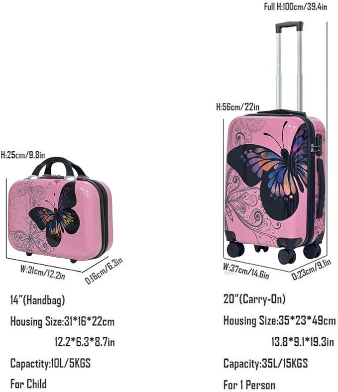Stylish ABS+PC Material Luggage Set Butterfly Printed 4Pcs Set 14"+20"+24"+28" Suitcased for Family Travel and 2Pcs Set 14"+20" Cabin Size Trolley Bag with Silent 360° Spinner (Pink, 14+20inch)
