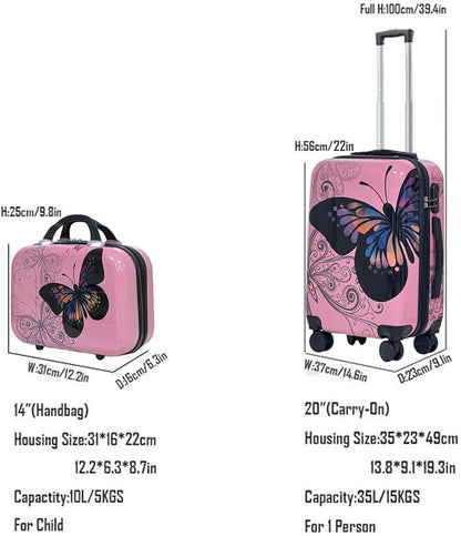Stylish ABS+PC Material Luggage Set Butterfly Printed 4Pcs Set 14"+20"+24"+28" Suitcased for Family Travel and 2Pcs Set 14"+20" Cabin Size Trolley Bag with Silent 360° Spinner (Pink, 14+20inch)