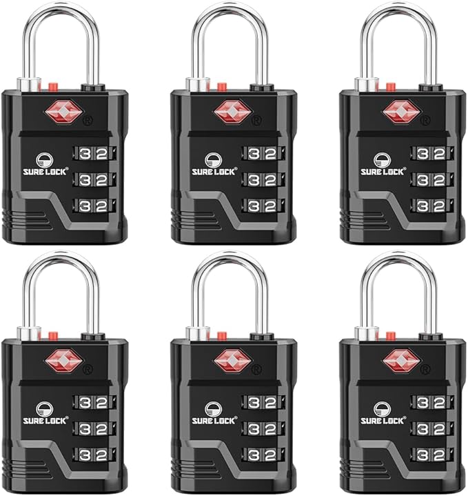 SURE LOCK TSA Locks for Luggage, TSA Approved Luggage Locks with Open Alert, 008 Key for High Security, Easy Read Dials, Zinc Alloy Body, Locker Lock for Suitcase, Gym, Travel(Black 6 pk)
