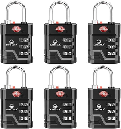 SURE LOCK TSA Locks for Luggage, TSA Approved Luggage Locks with Open Alert, 008 Key for High Security, Easy Read Dials, Zinc Alloy Body, Locker Lock for Suitcase, Gym, Travel(Black 6 pk)