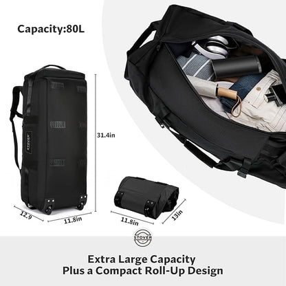 STOVER 80L Rolling Duffel Bag with Wheels, Large Durable Travel Duffle + Toiletry Bag, Heavy Duty, Packable, Foldable with Shoulder Straps- Use as Luggage or Backpack, Men/Women (Black)