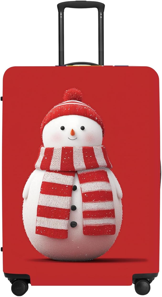 Snowman Christmas Luggage Cover - Red Background with Cute Snowman in Striped Scarf, Simple Stretchable Suitcase Cover 18 20 22 Inch