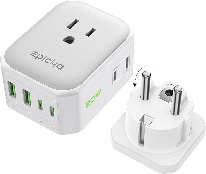 EPICKA Hybrid International Power Adapter for US to German & France, Foldable & Detachable Type EF VisaPlug, 8-in-1 Travel Plug Adapter with 4 USB Ports (2 USB-C PD 20W), Travel Dormestic Essentials