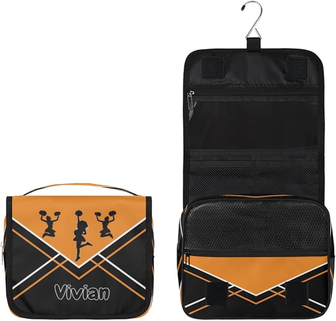 Custom Travel Toiletry Bag with Hanging Hook, Spacious Waterproof Cheerleading Toiletry Bag for Women for Travel Accessories, Toiletries Essentials. Orange Black Cheer